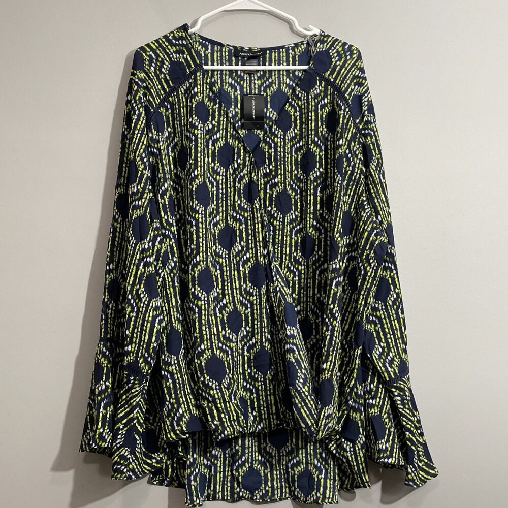 Ashley Stewart Geo Print Long Bell Sleeve Blouse NWT Green Blue 26/28W